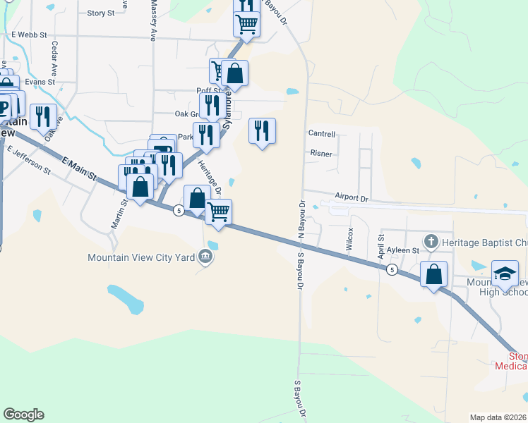 map of restaurants, bars, coffee shops, grocery stores, and more near 204 North Bayou Drive in Mountain View
