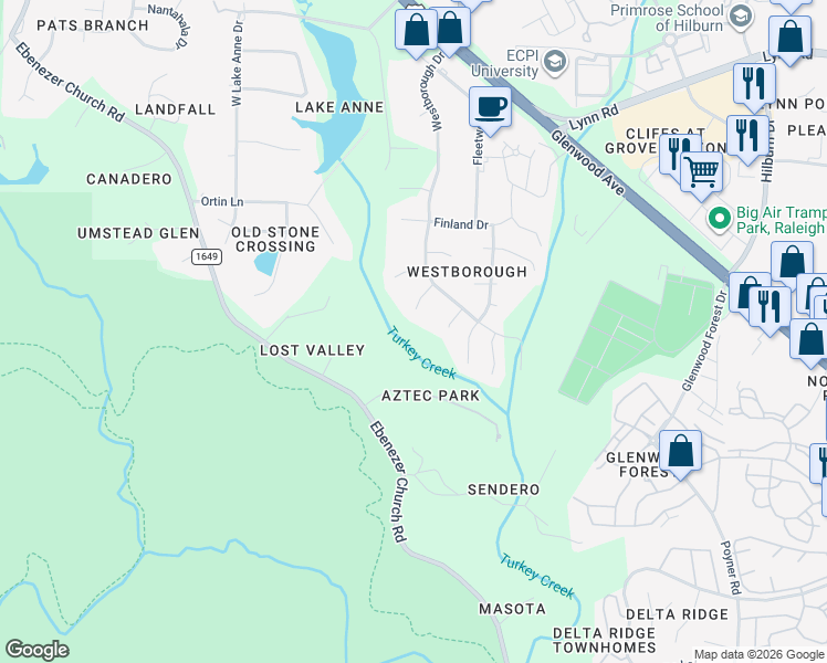 map of restaurants, bars, coffee shops, grocery stores, and more near 6017 Westborough Drive in Raleigh