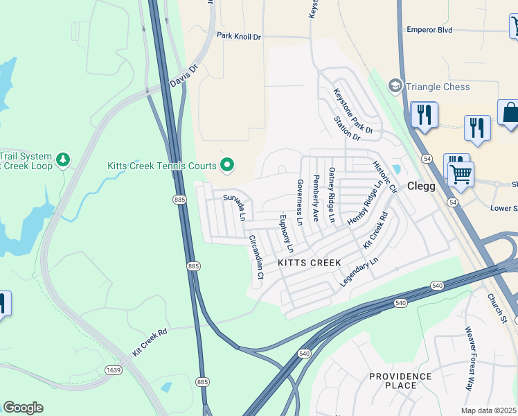 map of restaurants, bars, coffee shops, grocery stores, and more near 1200 Artis Town Lane in Morrisville