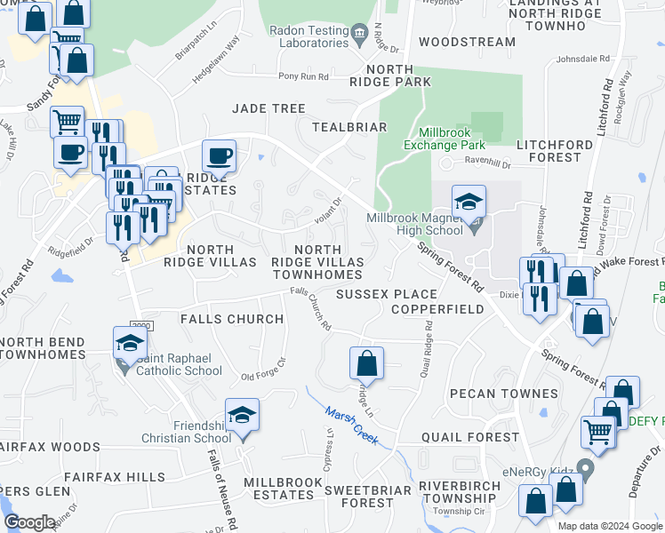 map of restaurants, bars, coffee shops, grocery stores, and more near 1553 Laureldale Drive in Raleigh