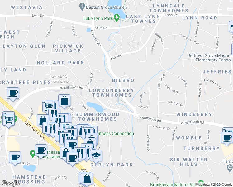 map of restaurants, bars, coffee shops, grocery stores, and more near 6160 Loch Laural Lane in Raleigh
