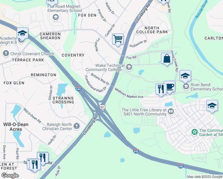 map of restaurants, bars, coffee shops, grocery stores, and more near 6550 Louisburg Road in Raleigh