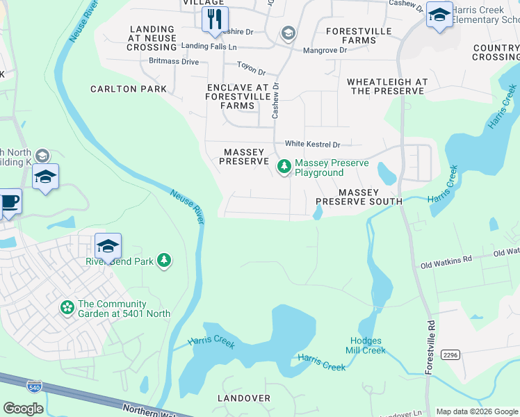 map of restaurants, bars, coffee shops, grocery stores, and more near 3930 Massey Run in Raleigh