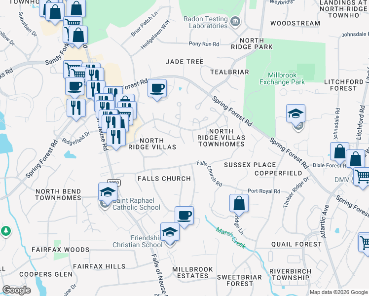 map of restaurants, bars, coffee shops, grocery stores, and more near 1413 Mapleside Court in Raleigh