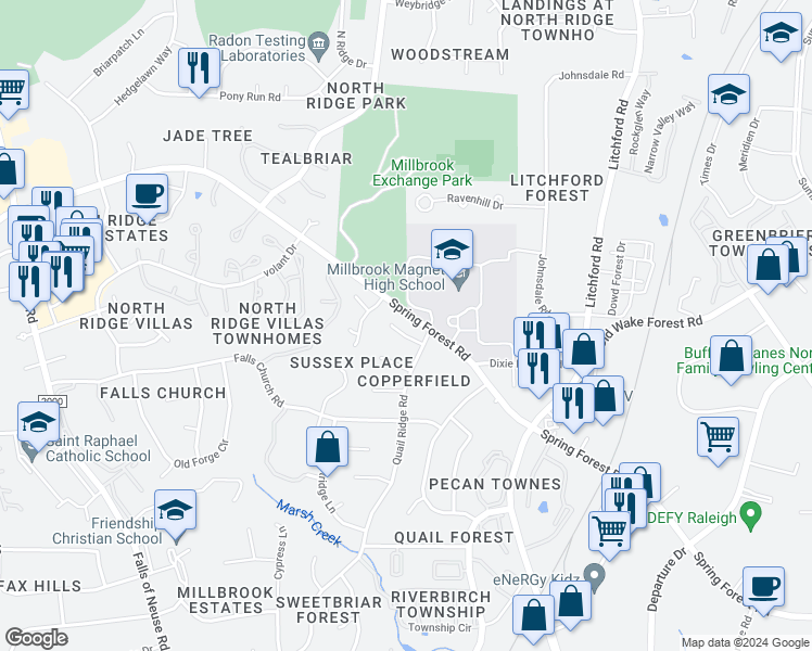map of restaurants, bars, coffee shops, grocery stores, and more near 2013 Bason Court in Raleigh