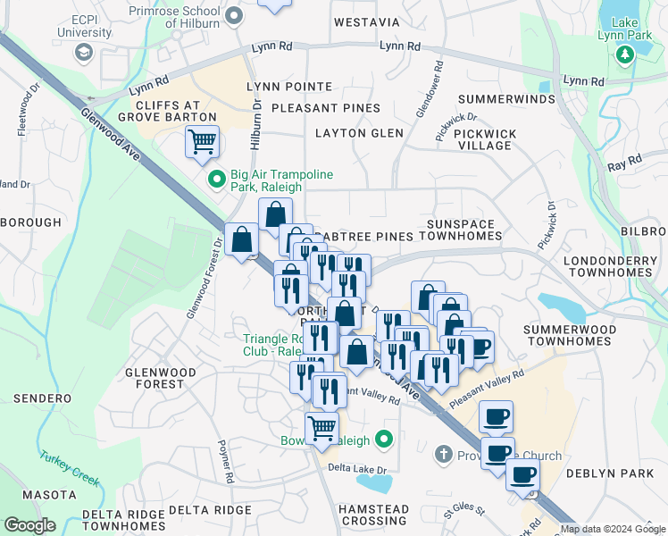 map of restaurants, bars, coffee shops, grocery stores, and more near 6801 Milligan Way in Raleigh