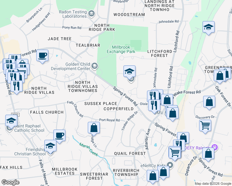 map of restaurants, bars, coffee shops, grocery stores, and more near 2013 Bason Court in Raleigh