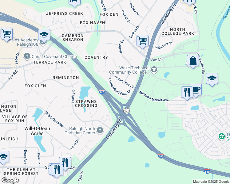 map of restaurants, bars, coffee shops, grocery stores, and more near 5312 Cumberland Plain Drive in Raleigh
