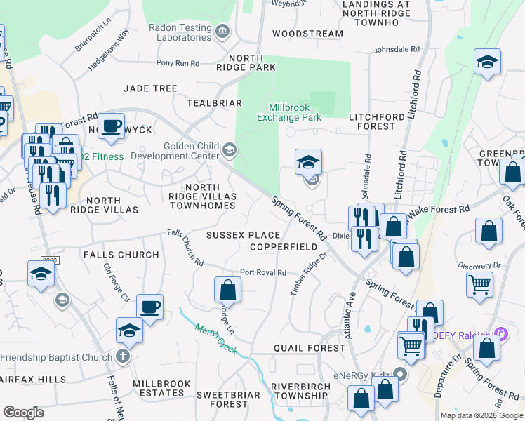 map of restaurants, bars, coffee shops, grocery stores, and more near 2004 Bason Court in Raleigh