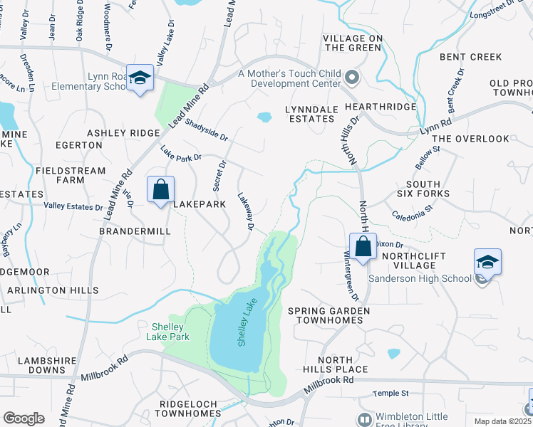 map of restaurants, bars, coffee shops, grocery stores, and more near 6408 Lakerest Court in Raleigh