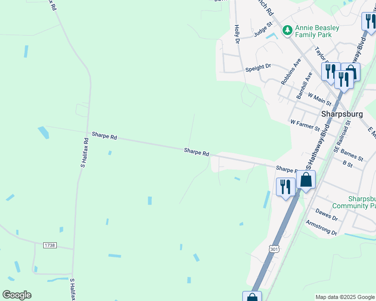 map of restaurants, bars, coffee shops, grocery stores, and more near Sharpe Road in Nash County
