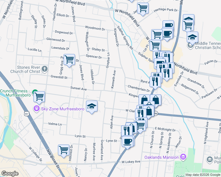 map of restaurants, bars, coffee shops, grocery stores, and more near 1507 Kenneth Avenue in Murfreesboro