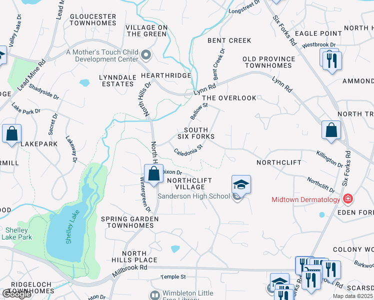 map of restaurants, bars, coffee shops, grocery stores, and more near 6101 Ballou Court in Raleigh