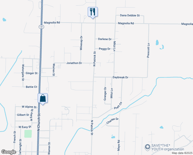 map of restaurants, bars, coffee shops, grocery stores, and more near 1688 North Patrick Street in Jonesboro