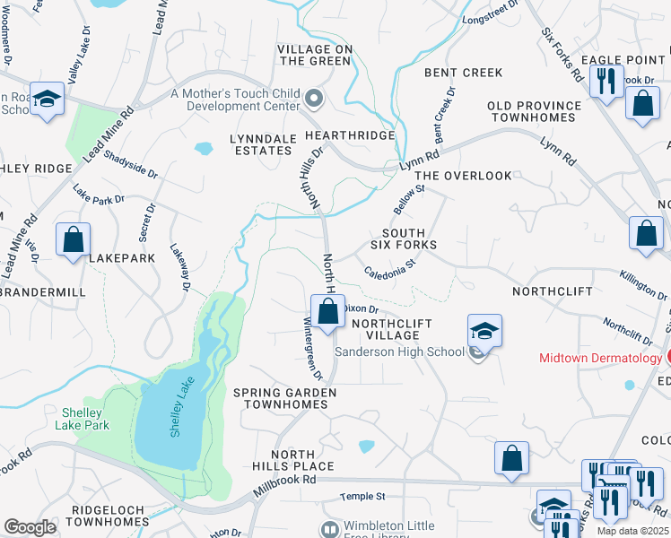 map of restaurants, bars, coffee shops, grocery stores, and more near 6020 North Hills Drive in Raleigh