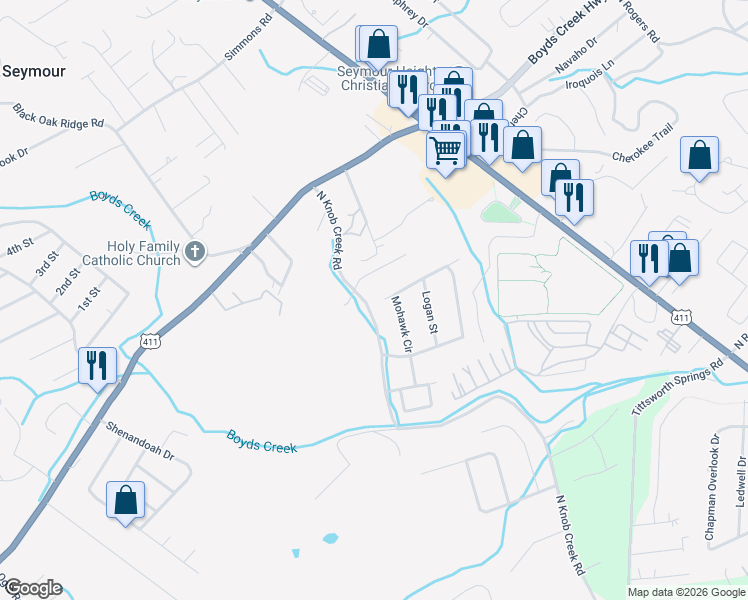 map of restaurants, bars, coffee shops, grocery stores, and more near 258 Mohawk Circle in Seymour