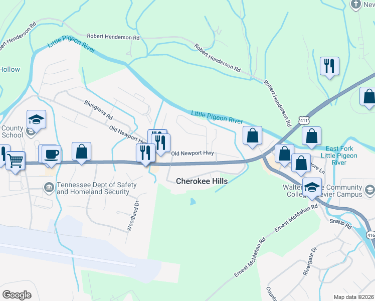 map of restaurants, bars, coffee shops, grocery stores, and more near 1408 Old Newport Highway in Sevierville