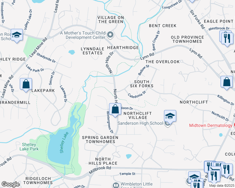 map of restaurants, bars, coffee shops, grocery stores, and more near 6020 North Hills Drive in Raleigh