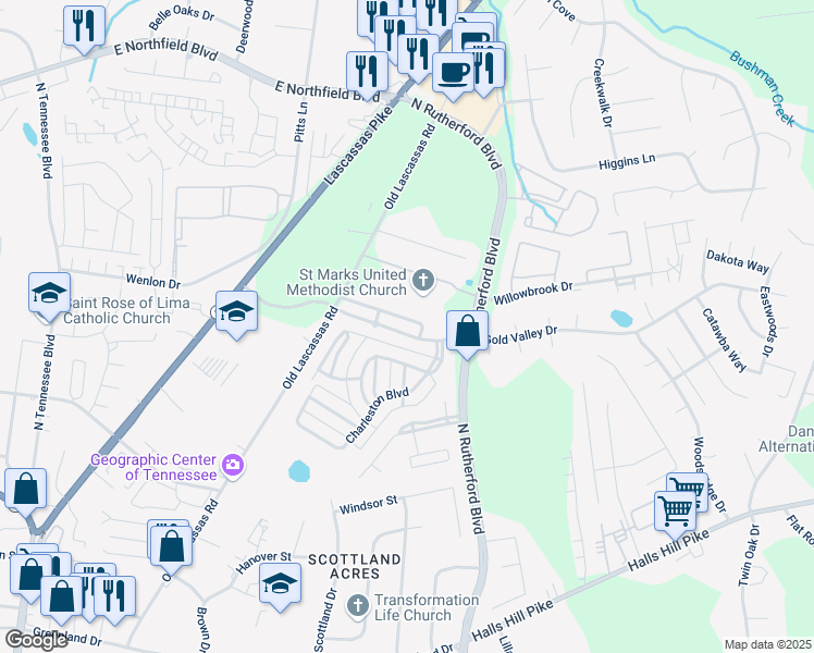 map of restaurants, bars, coffee shops, grocery stores, and more near 2175 Gold Valley Drive in Murfreesboro
