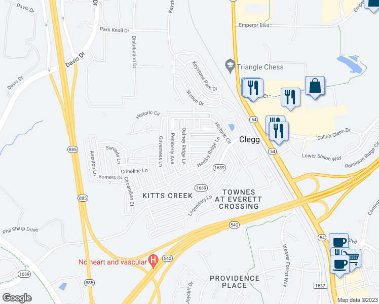 map of restaurants, bars, coffee shops, grocery stores, and more near Heartsease Lane in Morrisville