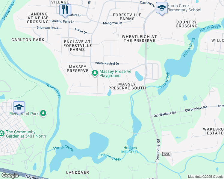 map of restaurants, bars, coffee shops, grocery stores, and more near 3415 Massey Pond Trail in Raleigh