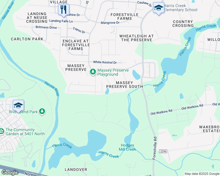 map of restaurants, bars, coffee shops, grocery stores, and more near 3415 Massey Pond Trail in Raleigh