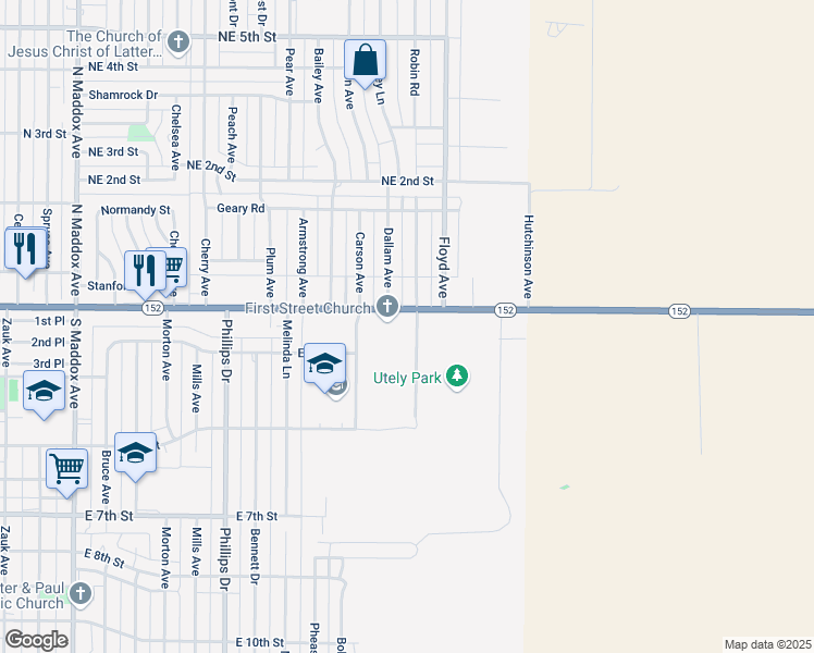 map of restaurants, bars, coffee shops, grocery stores, and more near 1725 East 1st Street in Dumas