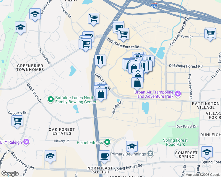map of restaurants, bars, coffee shops, grocery stores, and more near 3501 Sumner Blvd in Raleigh