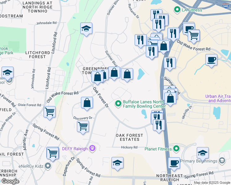 map of restaurants, bars, coffee shops, grocery stores, and more near 6070 Beale Loop in Raleigh