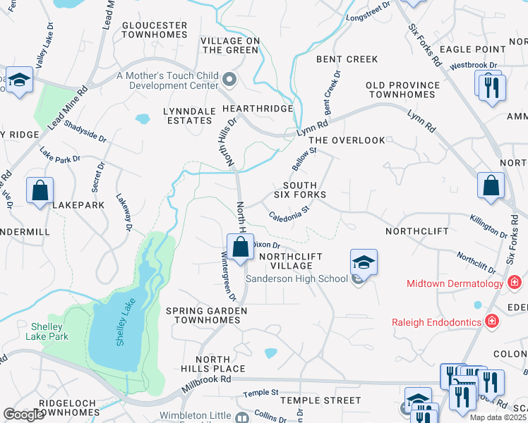 map of restaurants, bars, coffee shops, grocery stores, and more near 5805 Caledonia Street in Raleigh