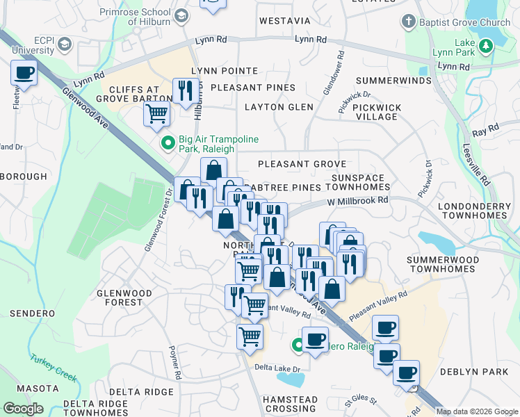 map of restaurants, bars, coffee shops, grocery stores, and more near 4633 Pine Trace Drive in Raleigh