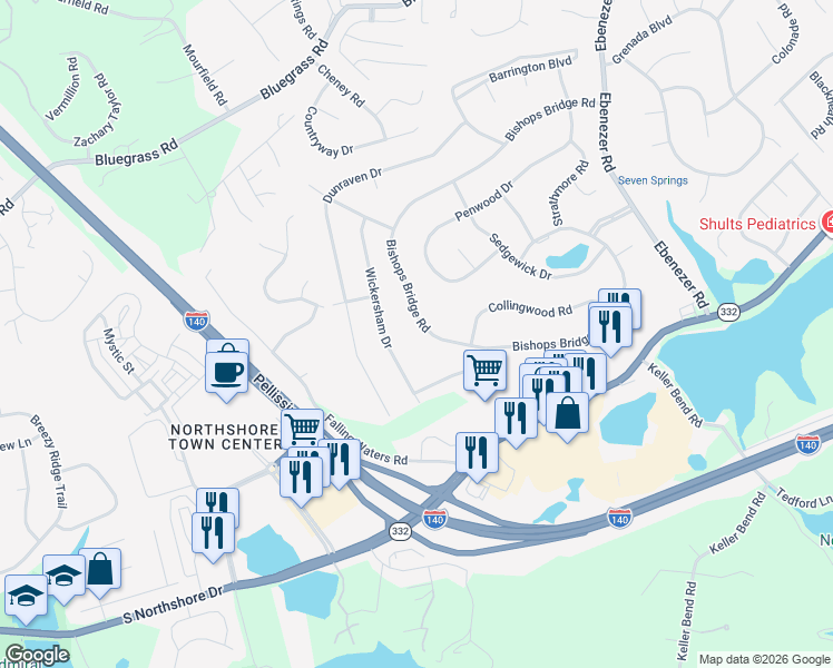 map of restaurants, bars, coffee shops, grocery stores, and more near 2114 Bishops Bridge Road in Knoxville
