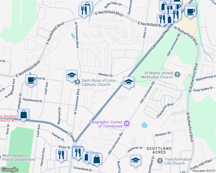 map of restaurants, bars, coffee shops, grocery stores, and more near 1735 New Lascassas Highway in Murfreesboro