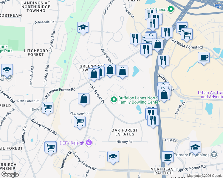 map of restaurants, bars, coffee shops, grocery stores, and more near 6070 Beale Loop in Raleigh