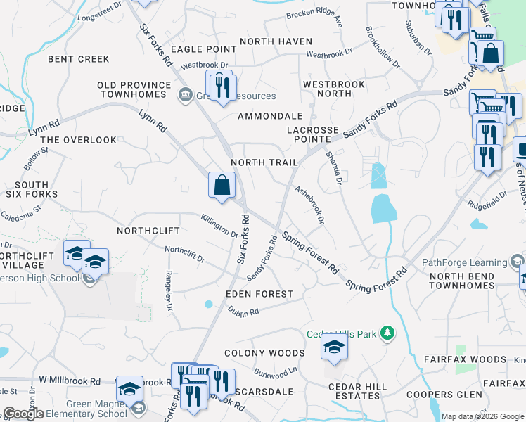 map of restaurants, bars, coffee shops, grocery stores, and more near 12 Lynn Road in Raleigh