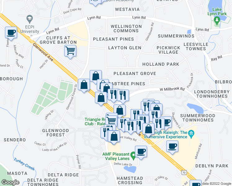 map of restaurants, bars, coffee shops, grocery stores, and more near 4633 Pine Trace Drive in Raleigh
