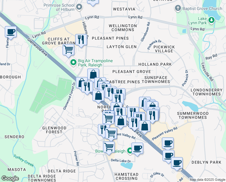 map of restaurants, bars, coffee shops, grocery stores, and more near 6801 Milligan Way in Raleigh