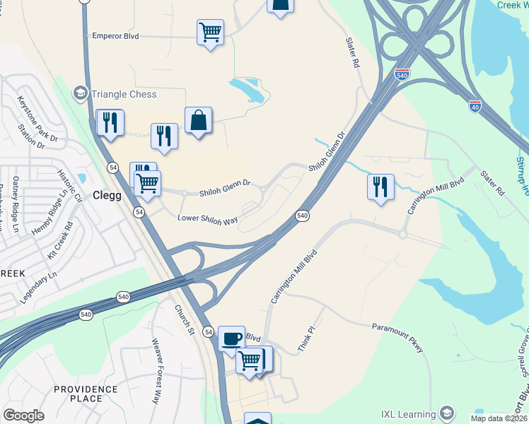 map of restaurants, bars, coffee shops, grocery stores, and more near 1001-1099 Lower Shiloh Way in Morrisville