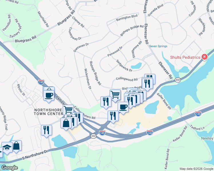 map of restaurants, bars, coffee shops, grocery stores, and more near 9343 Collingwood Road in Knoxville