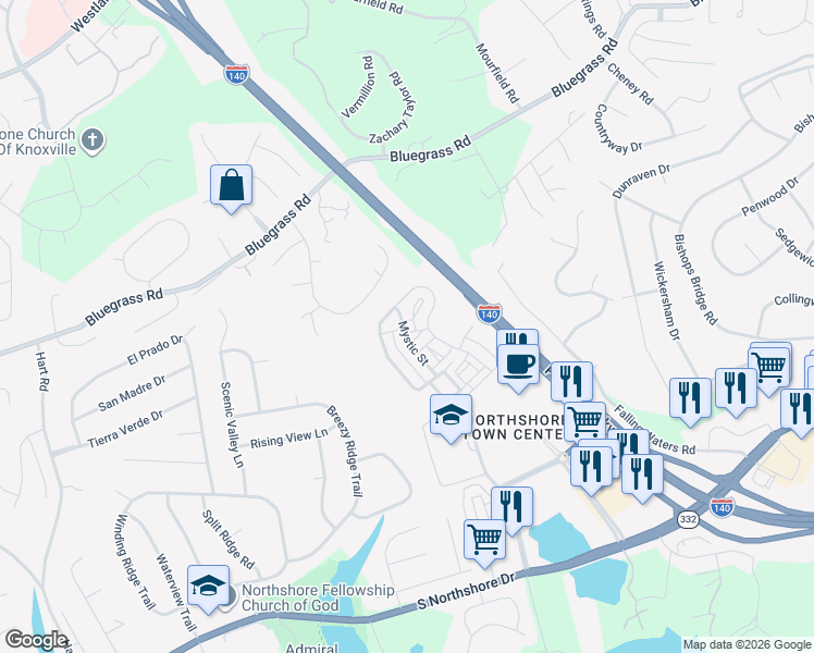 map of restaurants, bars, coffee shops, grocery stores, and more near 1545 Mystic Street in Knoxville