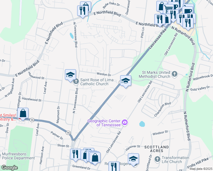 map of restaurants, bars, coffee shops, grocery stores, and more near 1735 New Lascassas Highway in Murfreesboro