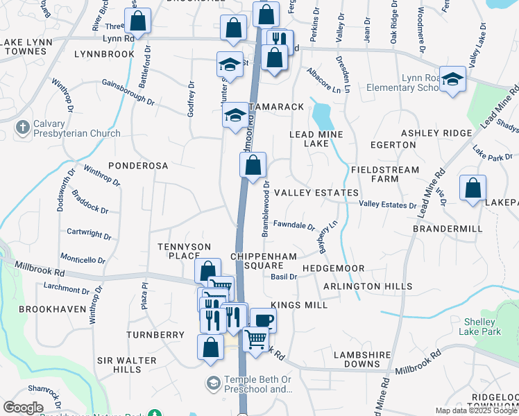 map of restaurants, bars, coffee shops, grocery stores, and more near 6109 Bramblewood Drive in Raleigh