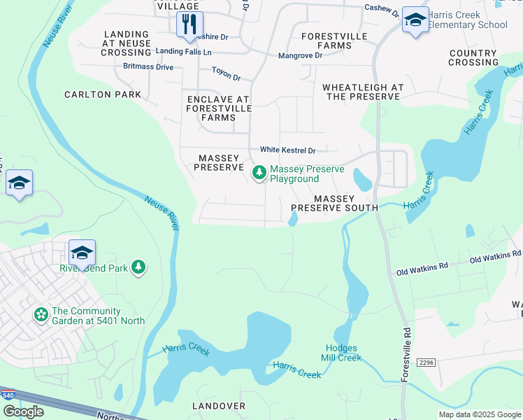 map of restaurants, bars, coffee shops, grocery stores, and more near 3974 Massey Run in Raleigh