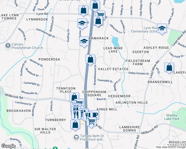 map of restaurants, bars, coffee shops, grocery stores, and more near 6109 Bramblewood Drive in Raleigh