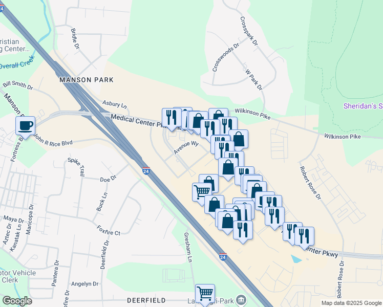 map of restaurants, bars, coffee shops, grocery stores, and more near 3055 Avenue Way in Murfreesboro