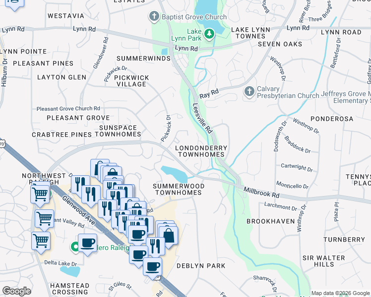 map of restaurants, bars, coffee shops, grocery stores, and more near 6159 Bushmills Street in Raleigh