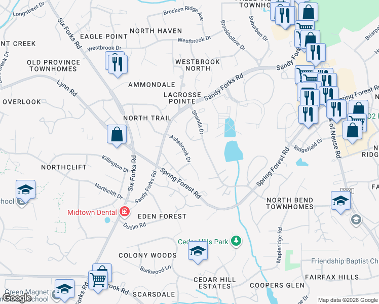 map of restaurants, bars, coffee shops, grocery stores, and more near 405 Ashebrook Drive in Raleigh