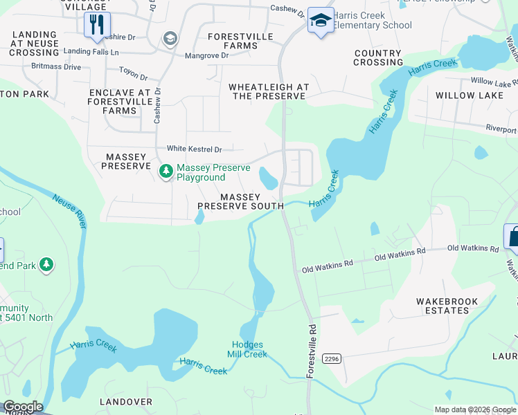 map of restaurants, bars, coffee shops, grocery stores, and more near 3401 Grosbeak Way in Raleigh