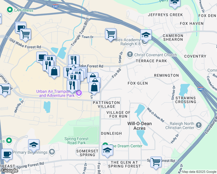 map of restaurants, bars, coffee shops, grocery stores, and more near 4205 Dunn Dr in Raleigh