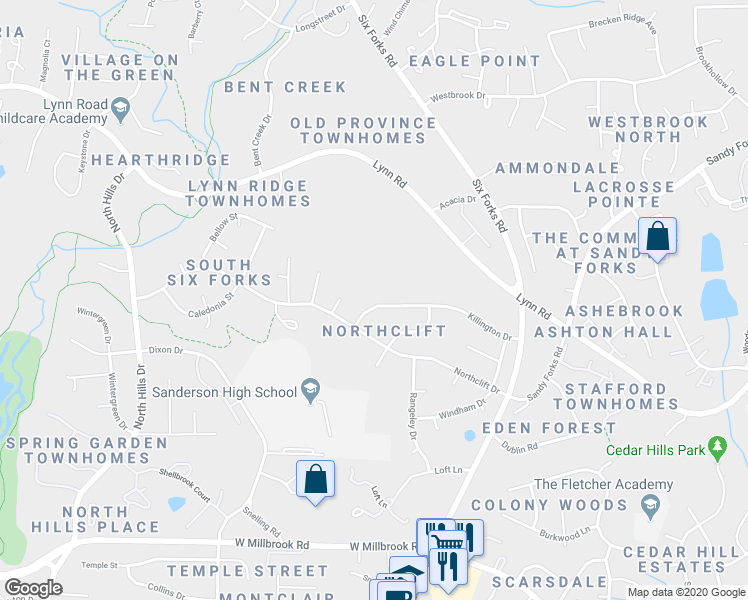 map of restaurants, bars, coffee shops, grocery stores, and more near 512 Killington Dr in Raleigh